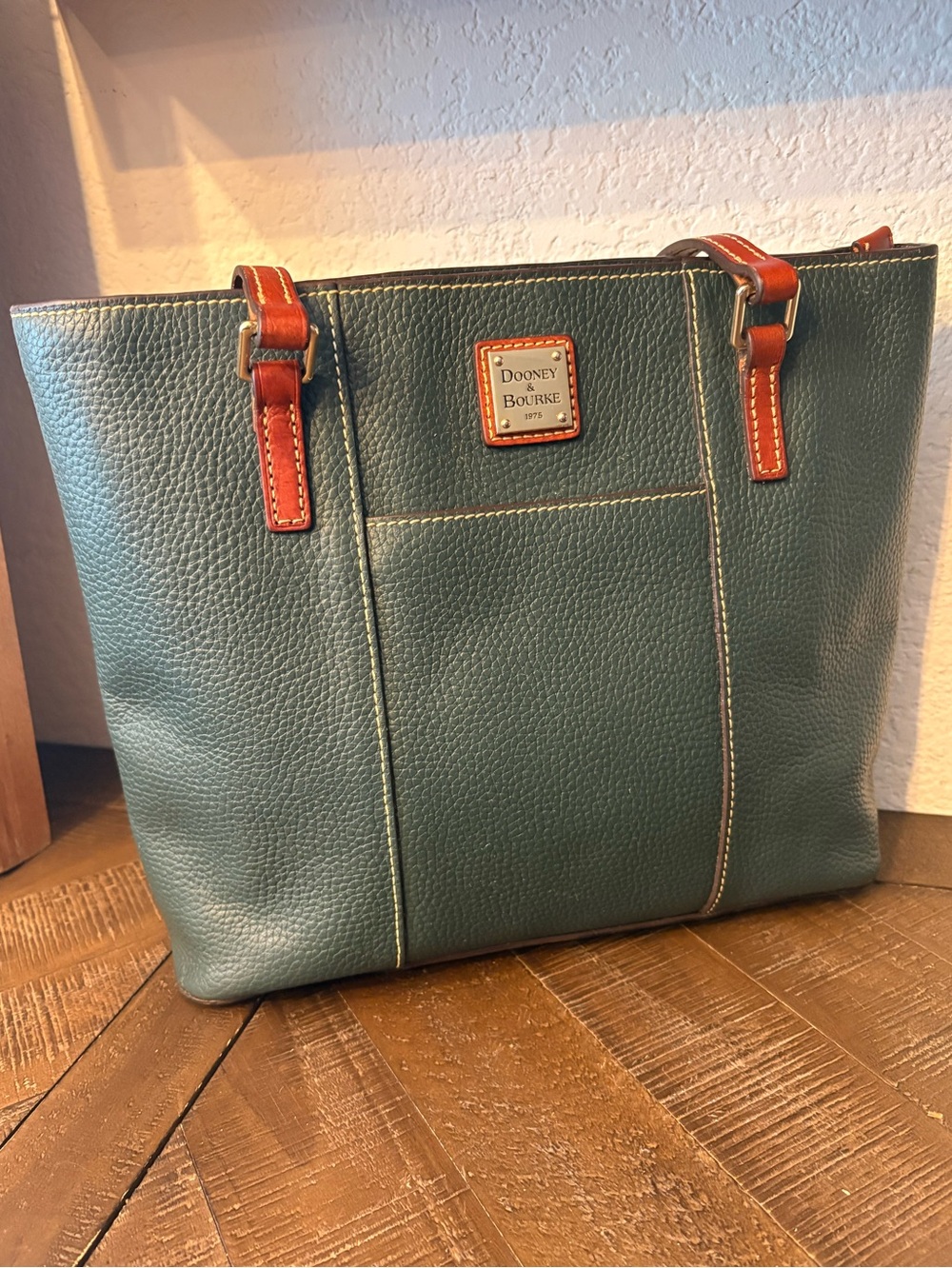 Dooney & Bourke Green Pebbled Leather Tote with Brown Trim